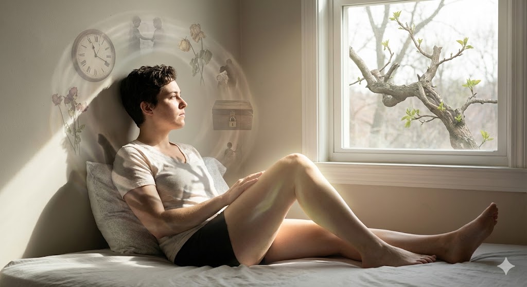 病気や体調不良がカルマの浄化であることを示す、光に包まれた人物のイメージ。肉体の不調と魂の因果関係を象徴するスピリチュアルなヒーリング写真。