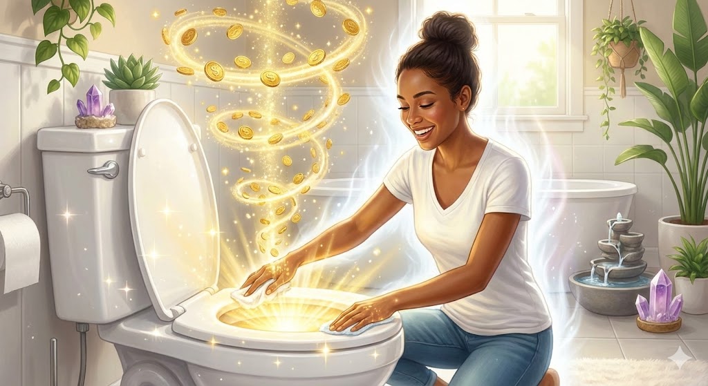 光り輝く清潔なトイレと金色のオーラのイメージ。トイレ掃除が金運アップとカルマの浄化に繋がるスピリチュアルな効果を象徴する写真。