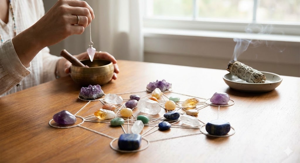 輝くパワーストーンの波動でチャクラを整え、エネルギー調整を行う瞑想の様子。カルマ解消と魂の癒やしをサポートするスピリチュアルなヒーリングイメージ。