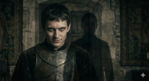 中世の騎士の姿で邪悪な笑みを浮かべる男と、その背後に立つ影。サイコパスの前世や過去世からの因縁を暗示する、ダークで神秘的なイメージ画像。