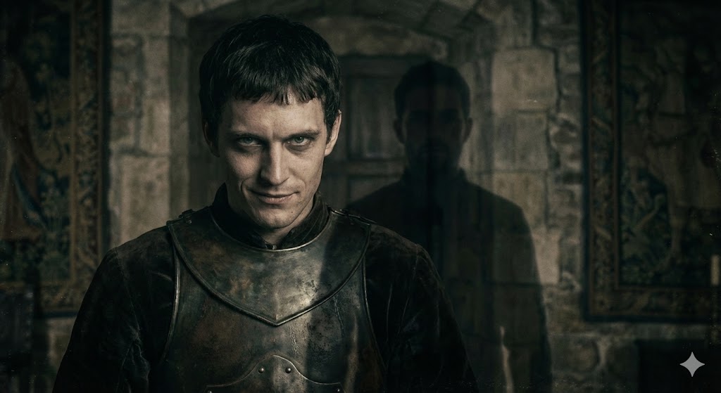 中世の騎士の姿で邪悪な笑みを浮かべる男と、その背後に立つ影。サイコパスの前世や過去世からの因縁を暗示する、ダークで神秘的なイメージ画像。