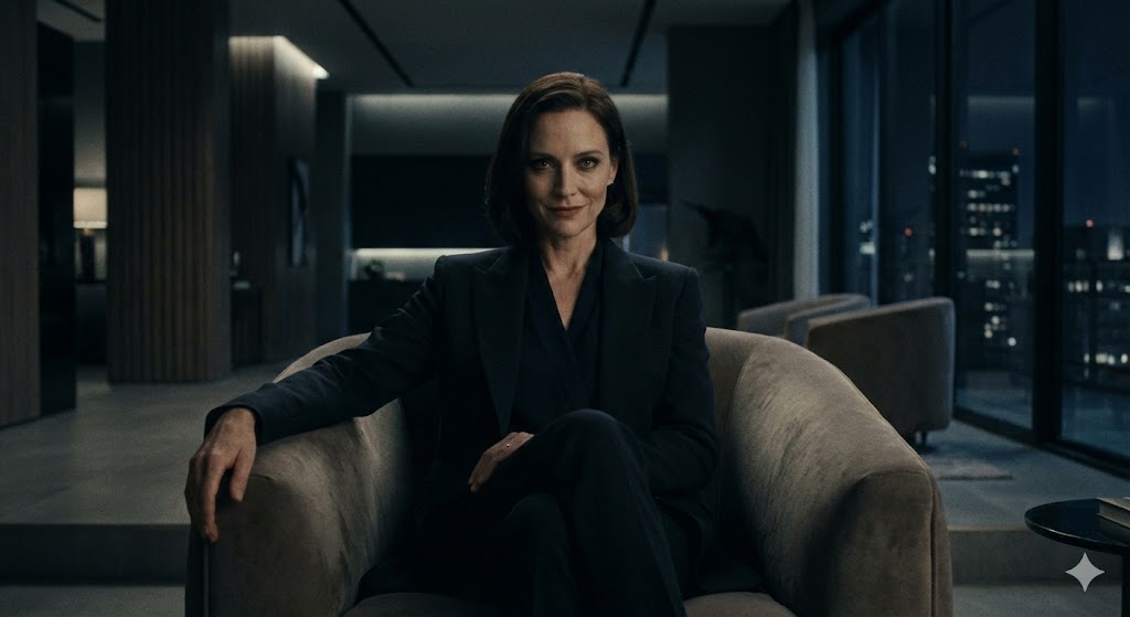 表面的な魅力を持つ美しい女性が、感情のない冷たい瞳で見つめる様子。サイコパスの特徴である捕食者の視線とミステリアスな雰囲気を描いたイメージ画像。