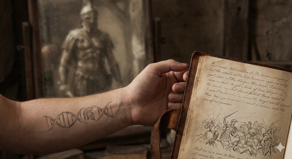 戦場の記憶を持つ古代の戦士とDNAの螺旋構造が重なる描写。サイコパス特有の戦士の遺伝子と前世からのカルマ的影響を表現したイメージ画像。