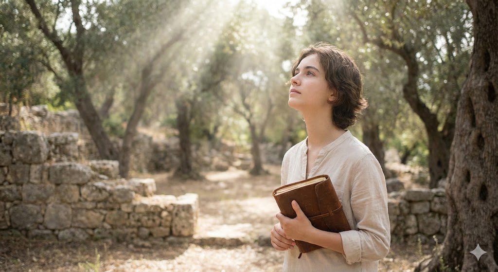 古代の遺跡で光を見上げる若い人物の姿。物質世界での経験が浅く、共感や利他を学ぶ途上にある「若い魂」をスピリチュアルに表現したイメージ画像。