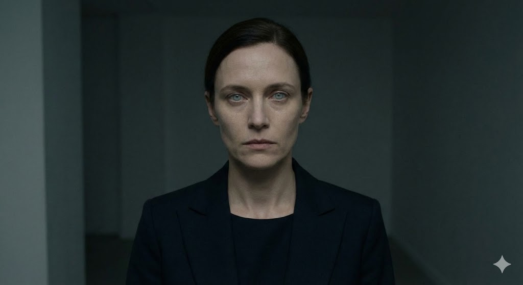 口元は笑っていても目は笑っていない、サイコパス特有の冷たい女性の顔つき。感情が読み取れない捕食者のような視線と、魂の不在を感じさせる表情。