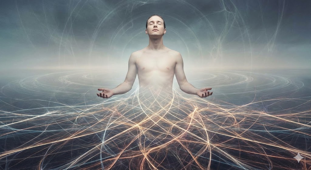 罪悪感を持たないサイコパスの冷徹な表情と、背後に迫るカルマの影。来世への影響と逃れられない因果応報を暗示するスピリチュアルなイメージ画像。