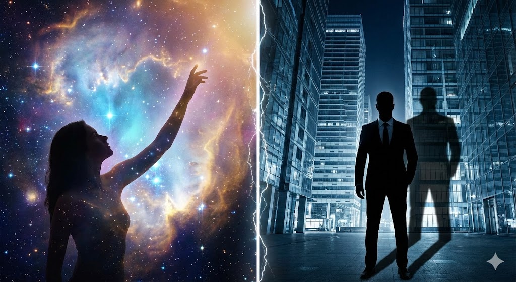 光を放つスターシードと対峙するサイコパスの闇。スピリチュアルなエネルギーの対極関係と、光に群がる捕食者の構図を象徴的に描いたイメージ画像。