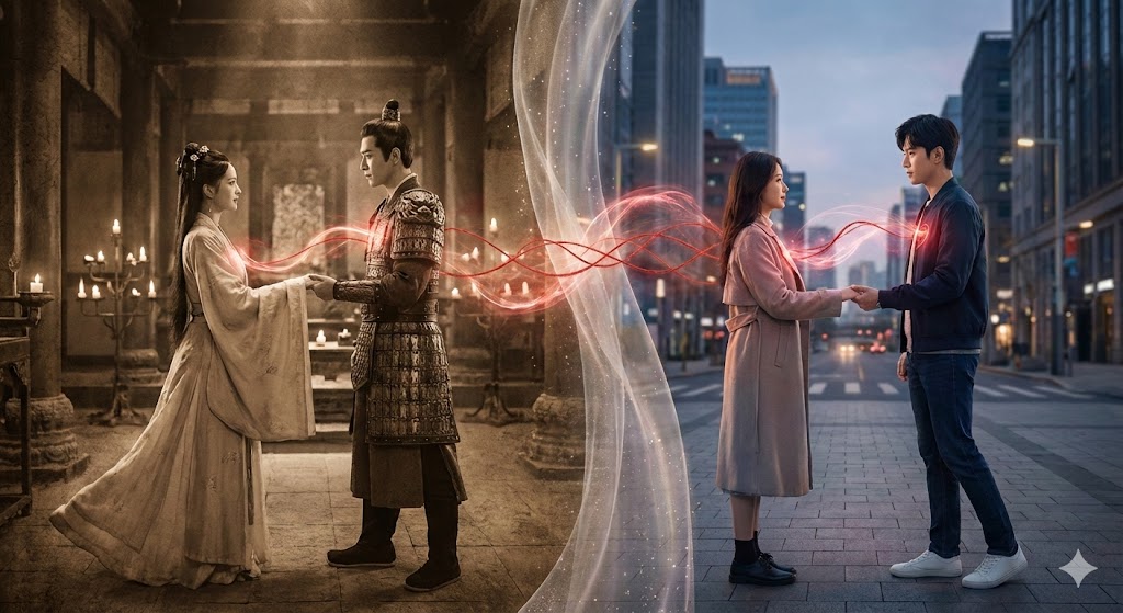 前世の姿と現代の姿が赤い光の糸で結ばれ、前世の因縁と恋愛の深い関係性を表現したイラスト。時を超えた魂の絆と運命的な再会を象徴するスピリチュアルなイメージ。