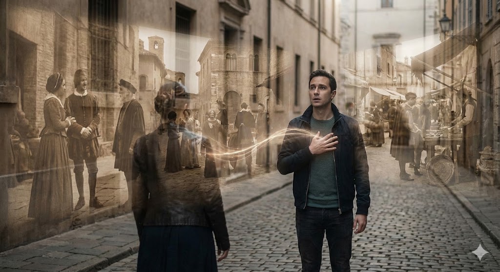 古い街並みの中で胸に手を当て、前世の記憶や因縁を感じている現代の男性の様子。過去の幻影と光の糸が、時を超えた魂のつながりとデジャヴの感覚を視覚的に表現している。