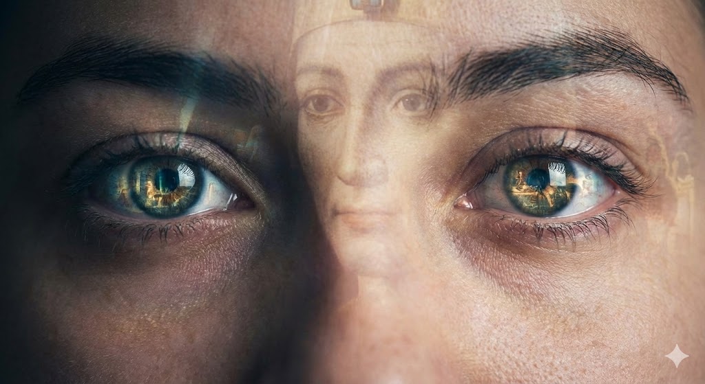 神秘的な女性の目のアップ。瞳の中には過去の風景が映り込み、顔の輪郭には古い肖像画が重なる。前世の因縁が顔や目の特徴に現れるスピリチュアルな様子を表現した画像。