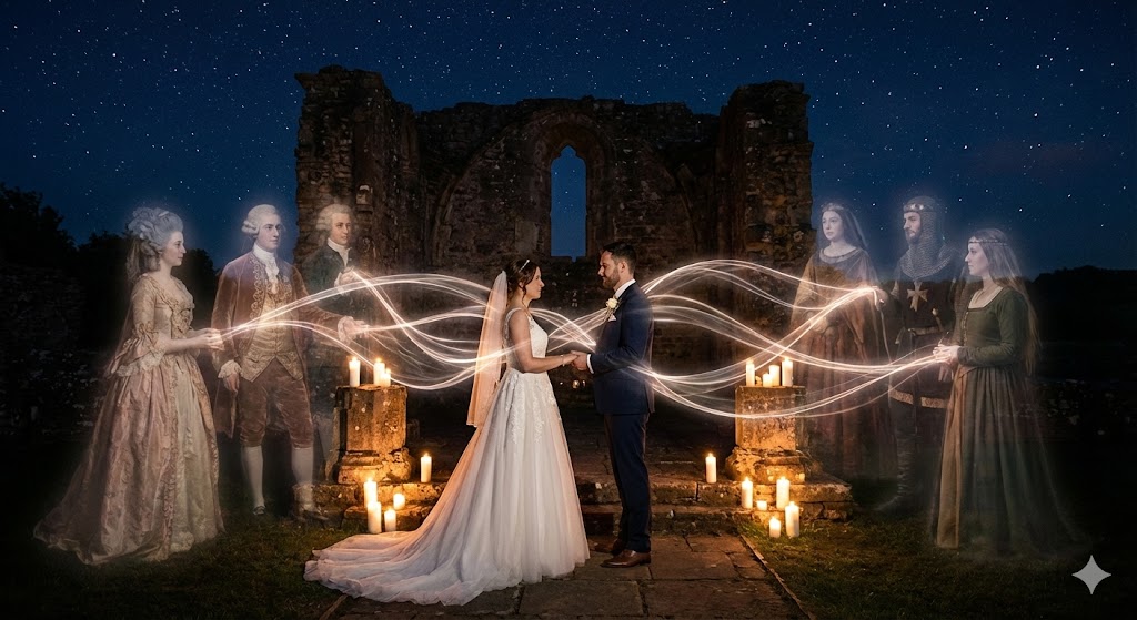 運命の赤い糸で結ばれた新郎新婦と、その背後に浮かぶ前世の姿。前世の因縁を超えて現世で結婚するカップルを象徴的に描いたスピリチュアルなイラスト。