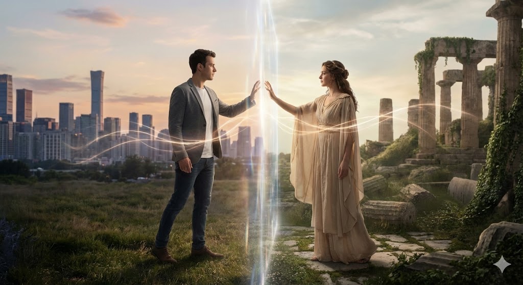 愛し合いながらも別の道を行く男女。前世の因縁で結ばれない運命にある切なさと、それが魂の成長に必要な学びであることを象徴したスピリチュアルなイラスト。