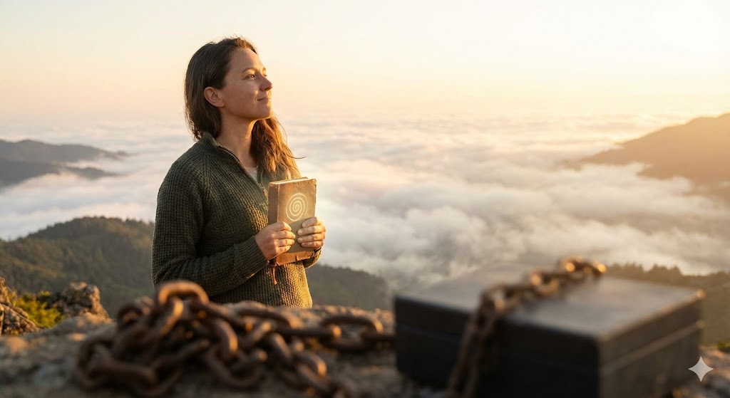 前世の因縁を受け入れ、意識がポジティブに変容した女性の穏やかな姿。苦しみから解放され、魂の成長と運命の好転を象徴するスピリチュアルなイメージ。