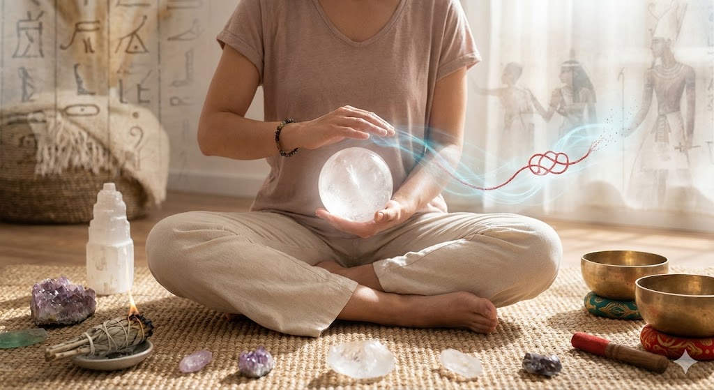 輝く光の中で祈りを捧げ、前世の因縁を浄化する女性のシルエット。カルマの解消と魂の癒やしを促すスピリチュアルな技を象徴的に表現した神秘的な画像。