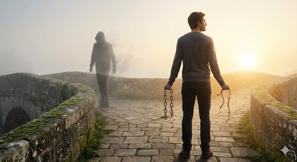 前世の因縁を断ち切る決意の画像。男性が鎖と赤い紐を解き放ち、去り行く過去の影に背を向け、光あふれる未来を見つめる。別れるべきサインの象徴。