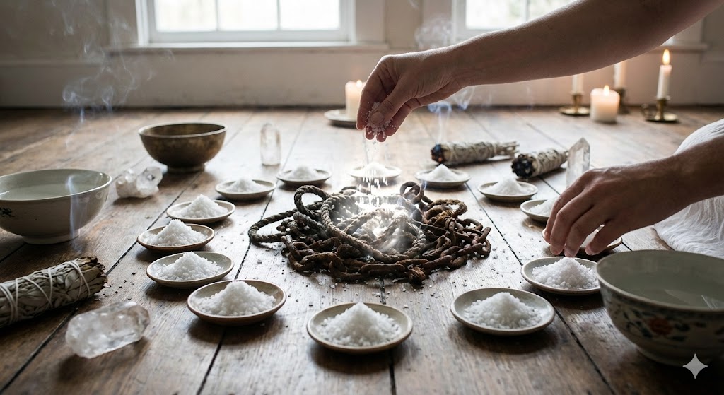 白い小皿に盛られた清らかな粗塩が光を放ち、周囲の邪気を払っている様子。前世の因縁を浄化し恋愛の悪縁を断ち切る、スピリチュアルな塩のお清めイメージ。