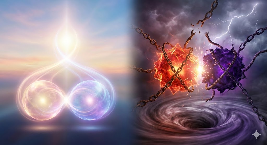 穏やかな光で統合するツインレイと、嵐の中で鎖に絡まり激しく衝突するカルマメイトの対比。魂のつながりの違いを表すスピリチュアルなイメージ画像。