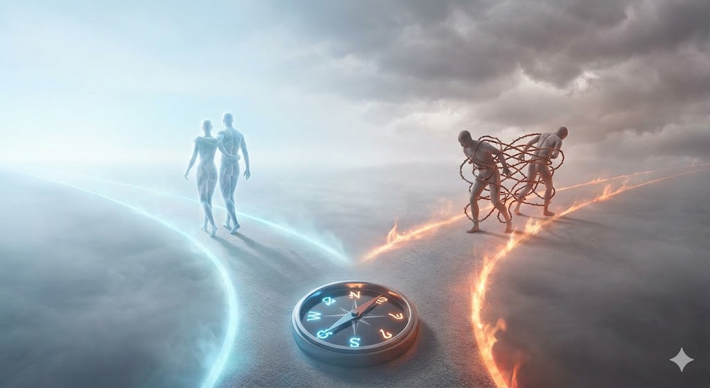 ツインレイとカルマメイトの見分け方を象徴する画像。光に包まれた穏やかな魂の統合と、鎖で繋がれた激しい衝突の対比で関係性の違いを表現。