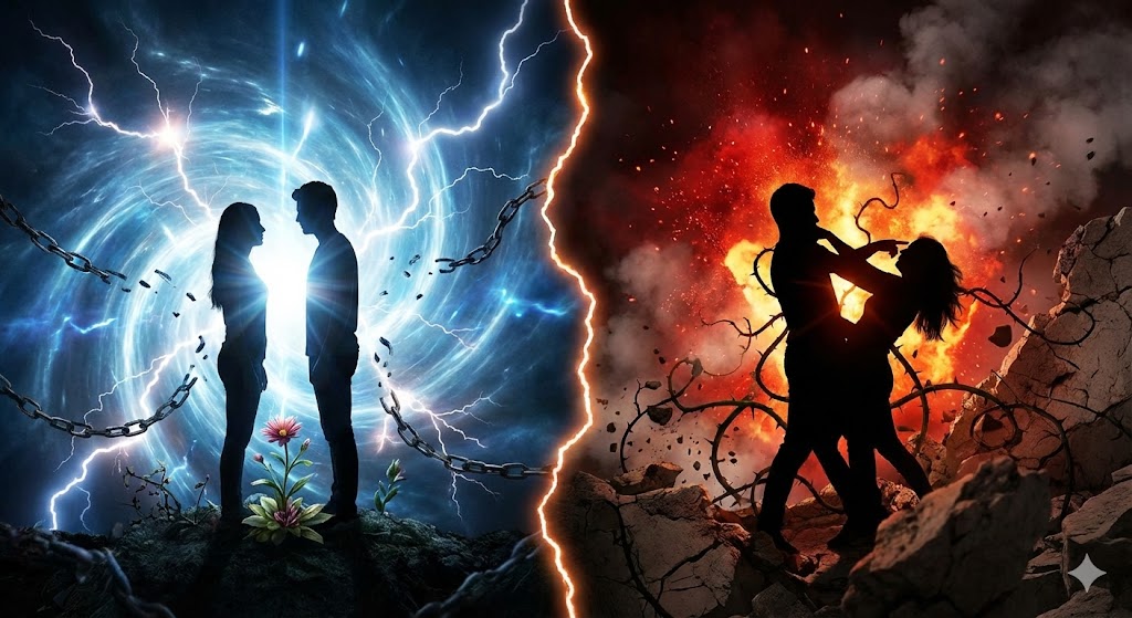 ツインレイとカルマメイトの喧嘩の質の違いを表す画像。左は魂を成長させる建設的な衝突、右は心を摩耗させる破壊的な争いを対照的に描写。