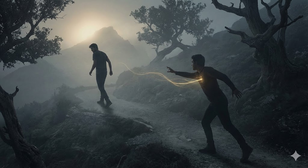 ツインレイのランナーとチェイサーの試練と統合の光、カルマメイトの執着の鎖を対比。サイレント期間を経て結ばれる魂の絆を表すスピリチュアルなイメージ画像。