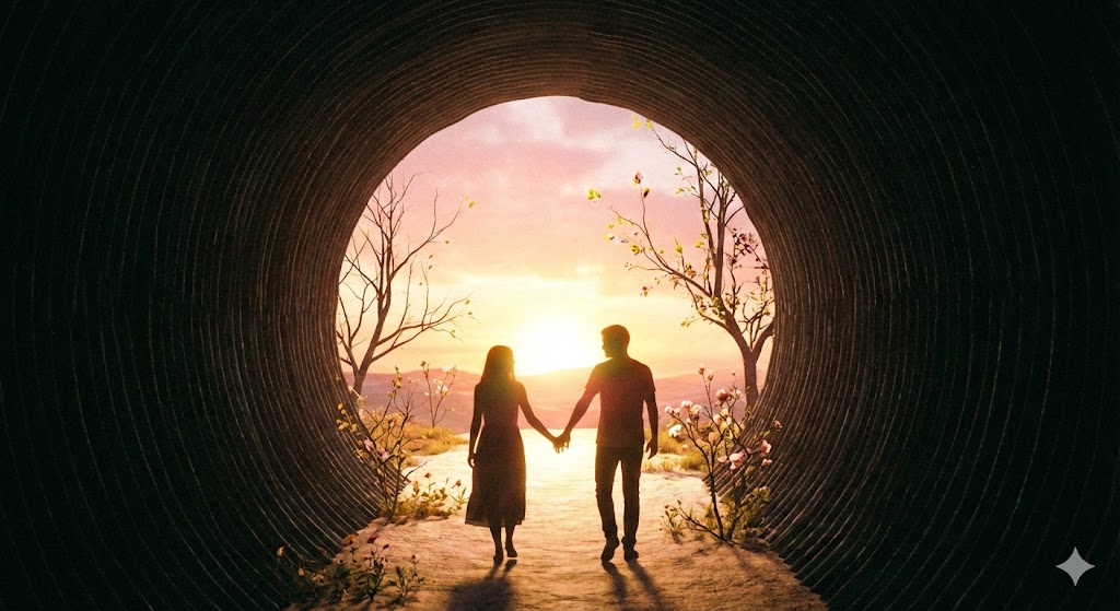 長い暗いトンネルから抜け出し、日の出の光の中を手をつないで歩く男女のシルエット。新しい始まりと再会を象徴する希望に満ちた風景。