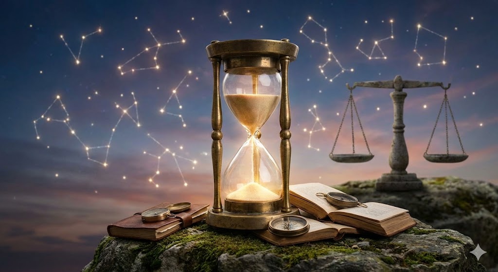 古代の真鍮製砂時計と天秤、古書、コンパスが苔むした岩の上に配置された幻想的な風景。背景には星空と星座が広がり、時間の経過と運命の決定を象徴する。
