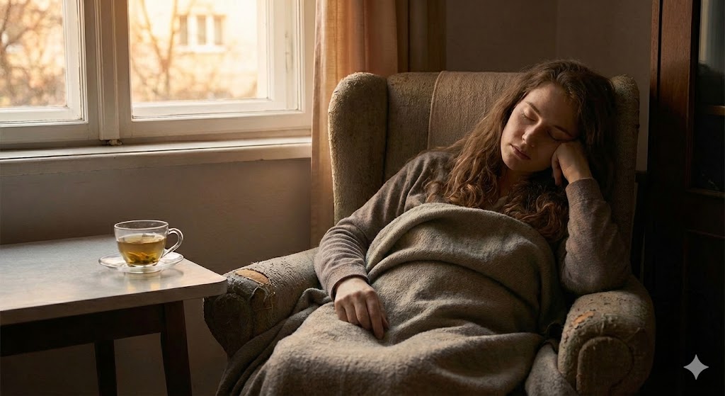 ツインレイのサイレント期間終了の前兆で、強い眠気を感じて休息する20代女性。魂の統合と好転反応を象徴する、柔らかな光に包まれた癒しのイメージ。