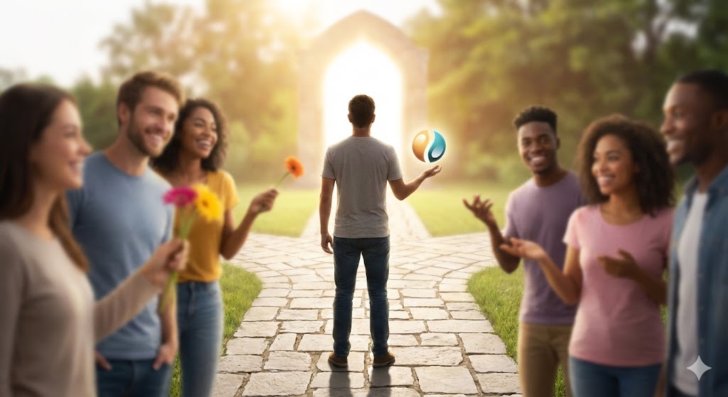 ツインレイ統合直前の最終テストとして他の異性にモテる現象。誘惑に迷わず真実のパートナーだけを見つめる女性の凛とした姿を描いたイメージイラスト。