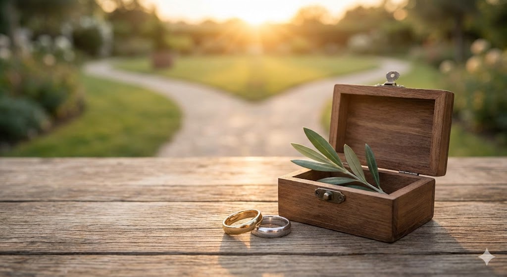 既婚者ツインレイのサイレント期間の結末。結婚指輪とオリーブの枝、分岐する小道は、円満な別れや卒婚を経て、それぞれが新しい人生の道を選ぶ平和な解決を象徴するイメージ。