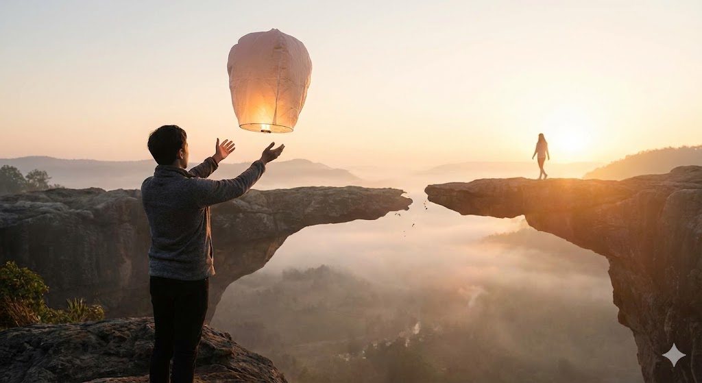 ツインレイの再会を諦め執着を手放した瞬間に願いが叶う逆説的な真実。サレンダーにより魂が解放され、奇跡を引き寄せる様子を象徴したイメージ画像。