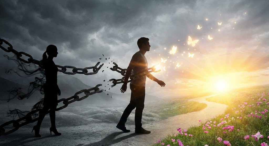 カルマメイトとの別離がもたらす魂の解放と運気の好転を象徴する画像。暗闇から光差す道へ進み、過去の鎖を断ち切って新しい未来へ飛躍する姿を描写しています。