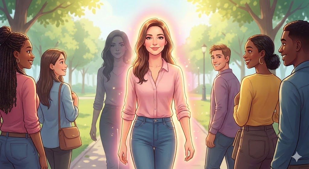 カルマメイトとの別れを経て憑き物が落ち、穏やかな顔つきへ変化した様子。内側から放つ輝くオーラが周囲を惹きつけ、自然とモテるようになる魅力を表現。