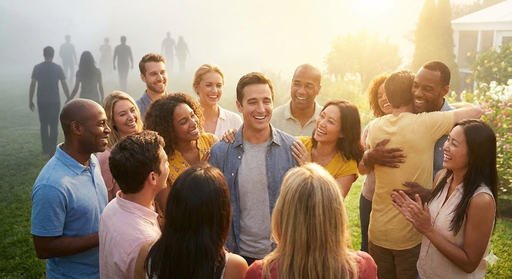 カルマメイトとの別れを経て人間関係が総入れ替えされるイメージ。波動の選別により悪縁が去り、信頼できる良い人が集まる光あふれる世界への変化を表現。