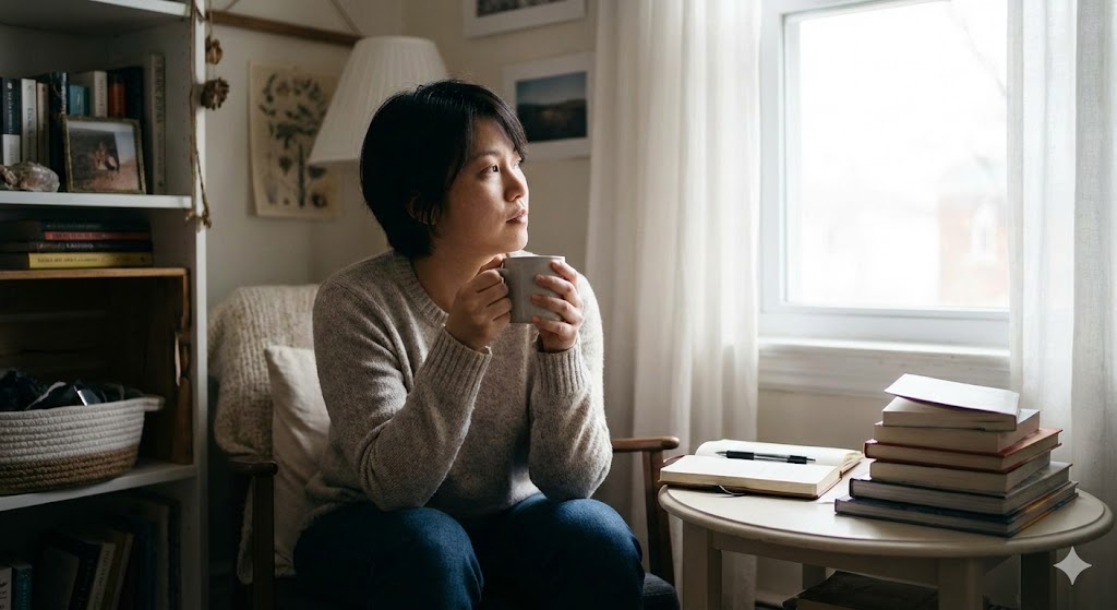 カルマメイトと別れた後の寂しさを乗り越え、光差す未来へ歩き出す様子。過去の影から解放され、自分を癒やしてポジティブな変化を受け入れる姿を表現。