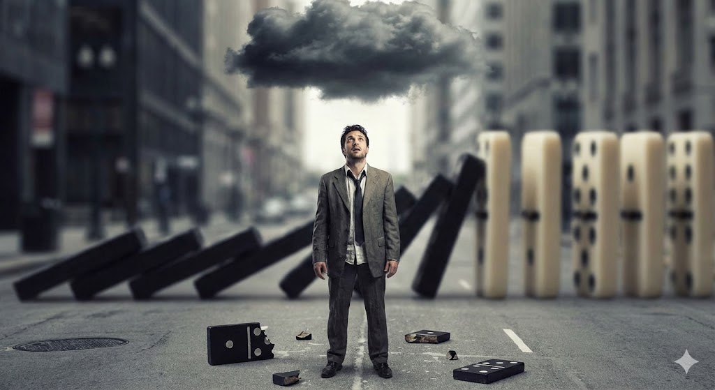 カルマメイトの男性に因果応報のバチが当たる様子。過去の行いがドミノ倒しのように連鎖し、不運の暗雲が立ち込める自業自得の結末を象徴的に表現。