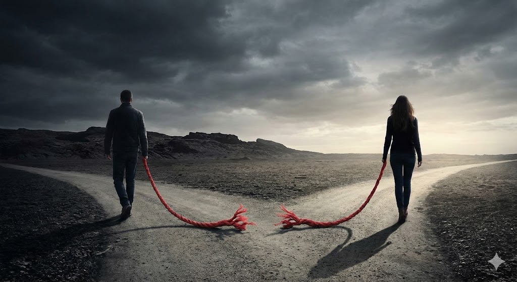 カルマメイトとの復縁はありえないことを象徴する、完全に分かれた道のイメージ。過去を振り返らず、それぞれの未来へ歩き出す決別と自立の姿。