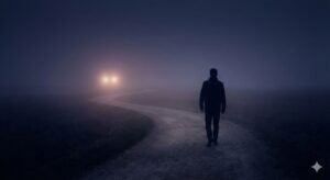 霧深い夜の田舎道を、車のライトから離れて一人歩き去る男性の後ろ姿。ツインレイのランナー男性がサイレント期間に逃げる心理と孤独を象徴的に表現したイメージ画像。