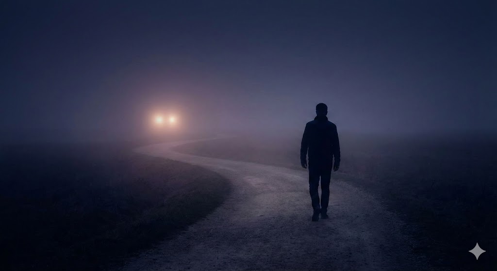 霧深い夜の田舎道を、車のライトから離れて一人歩き去る男性の後ろ姿。ツインレイのランナー男性がサイレント期間に逃げる心理と孤独を象徴的に表現したイメージ画像。