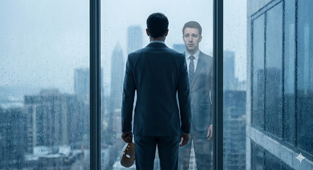 責任感が強く完璧主義なツインレイランナーの男性が、自信のある表情の裏に繊細なガラスのハートと孤独を隠し持っている様子を象徴的に描いたイメージ画像。