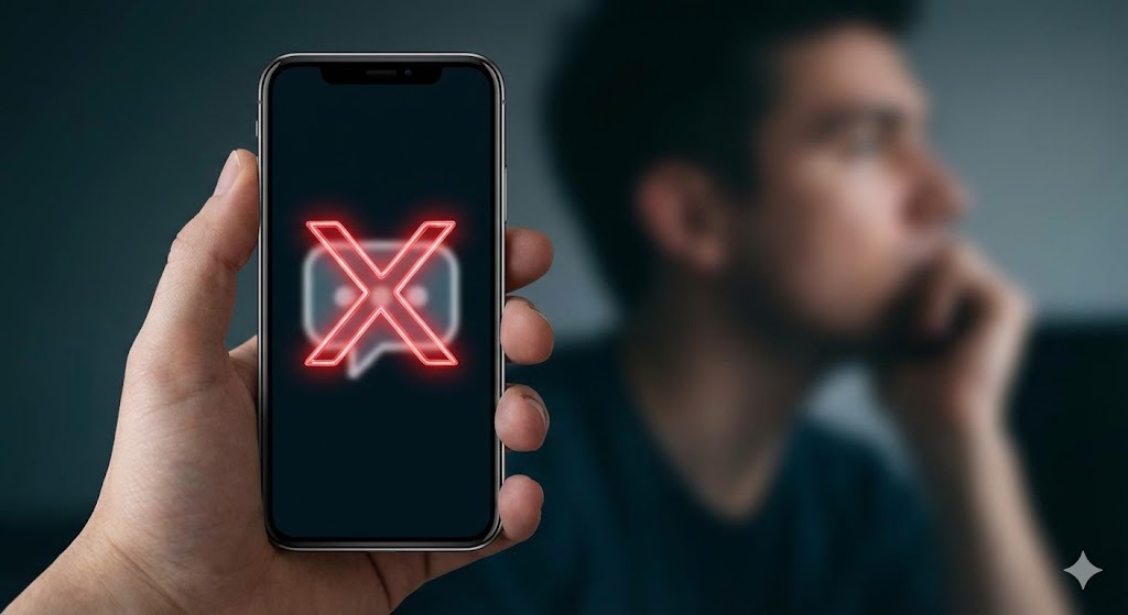 ツインレイのランナー男性が恐怖心からLINEをブロックし音信不通にする心理的な拒絶と、サイレント期間の始まりを象徴的に表現したイメージ画像。