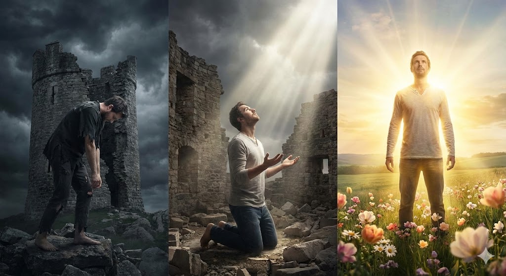 ツインレイランナー男性が現実崩壊を経てエゴに降伏し、魂の愛に目覚めて覚醒するまでの心理的変化を三段階のイメージで表現した写真。