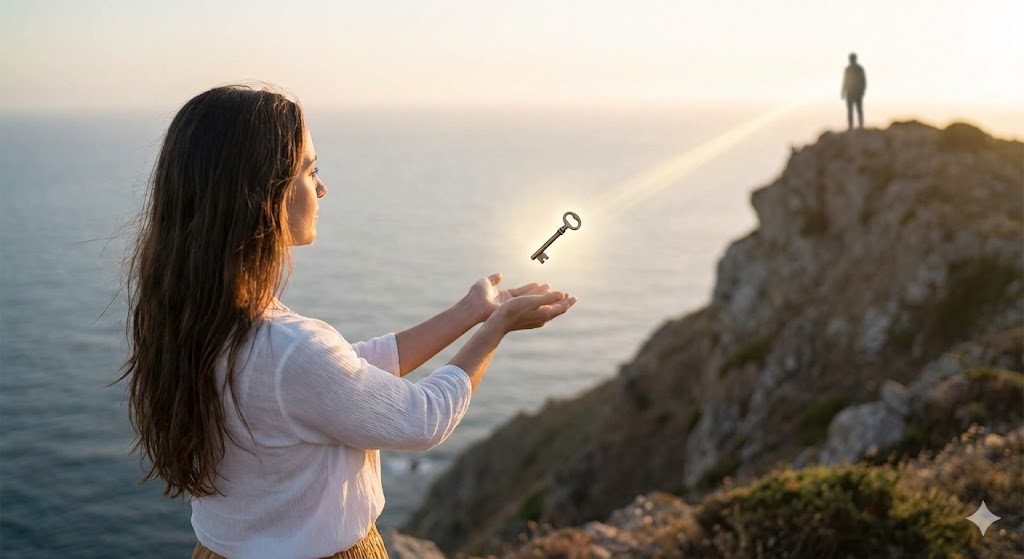 ツインレイチェイサーの女性がランナー男性への執着を手放し、自立したエネルギーが再会の鍵となることを、海辺で鍵を空へ解き放つ象徴的なイメージで表現。