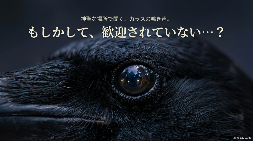 神社のカラスの鳴き声は歓迎されていないサインかと不安に思う参拝者のイメージ
