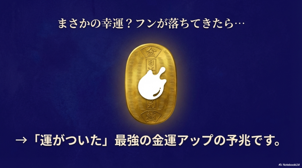 カラスのフンが落ちてくるのは最強の金運アップの予兆であることを示す小判のイラスト