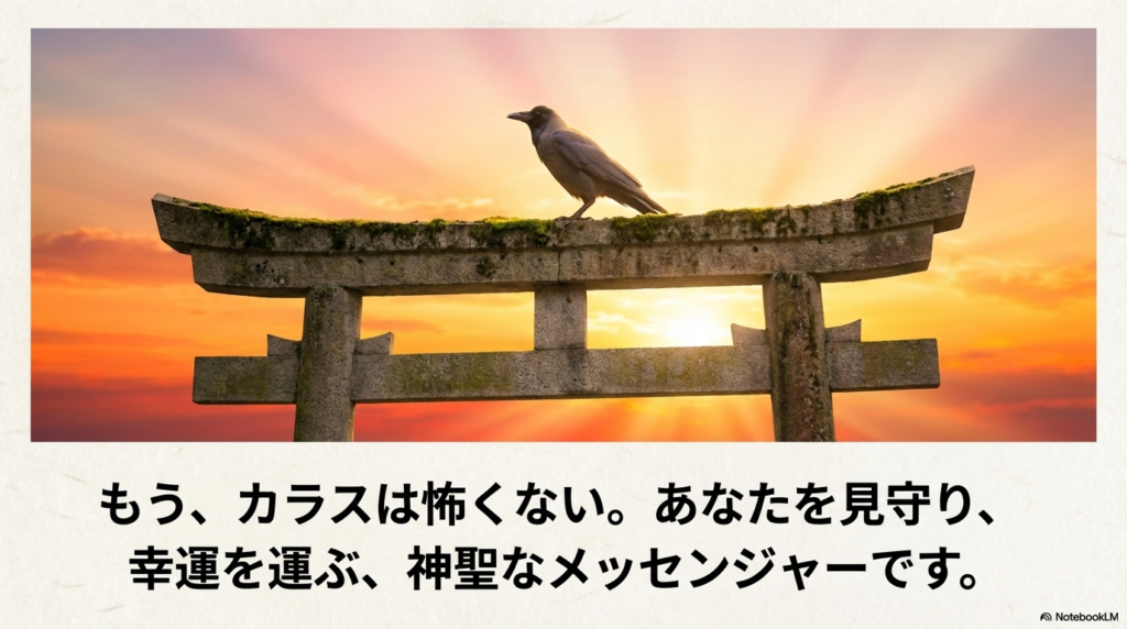 カラスは幸運を運ぶ神聖なメッセンジャーであるという結論スライド