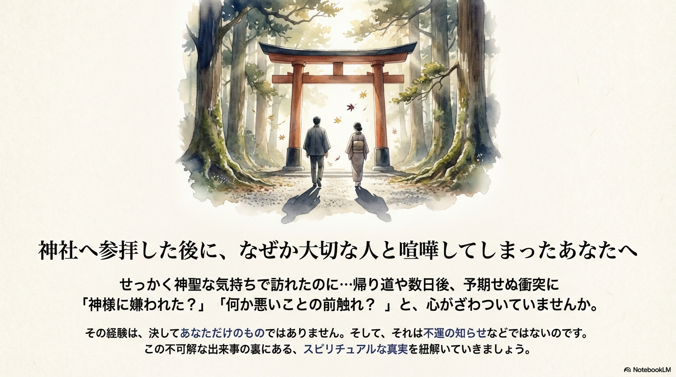 神社参拝後に大切な人と喧嘩をして不安を感じている人へ、それが幸運への好転反応であることを伝えるスライド。