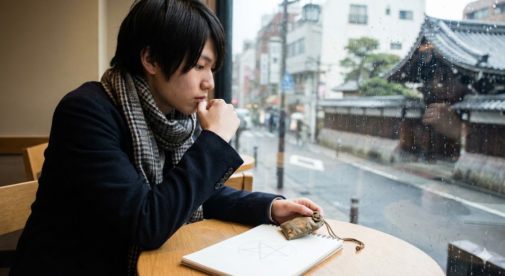 カフェで五芒星のメモとお守りを見つめる男性。前世が陰陽師だった人の特徴である、星への愛着や京都の古い町並みに惹かれる現代の姿を表現しています。