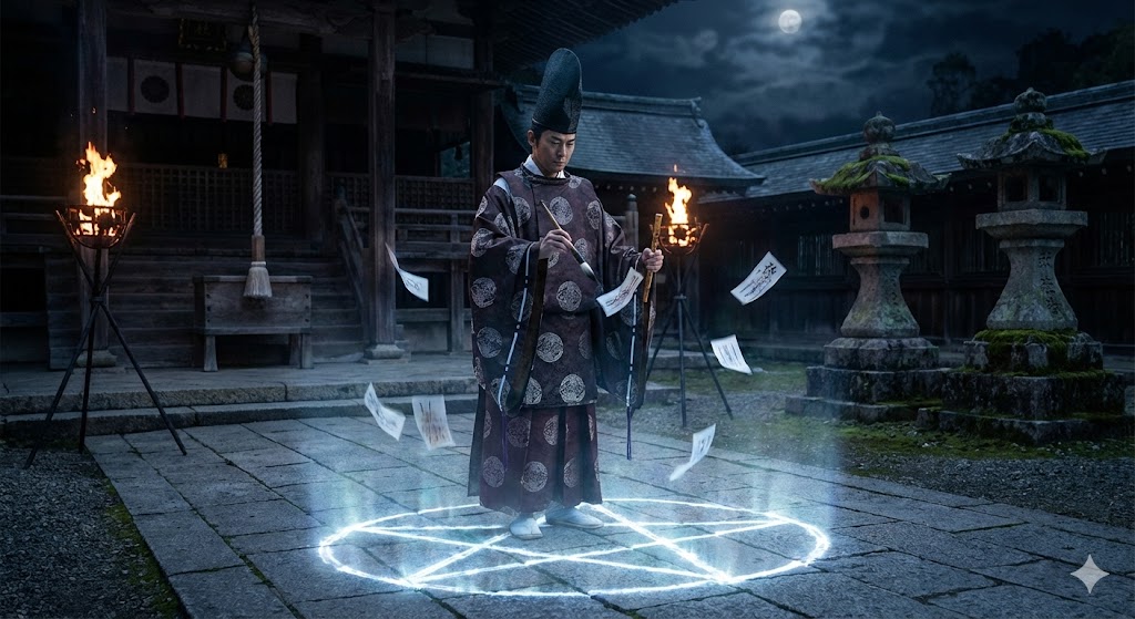 月夜の寺院で儀式を行う平安時代の陰陽師。五芒星の魔法陣から光る護符が舞い上がり、周囲には篝火が焚かれ、神秘的な呪術の様子が写実的に表現されています。