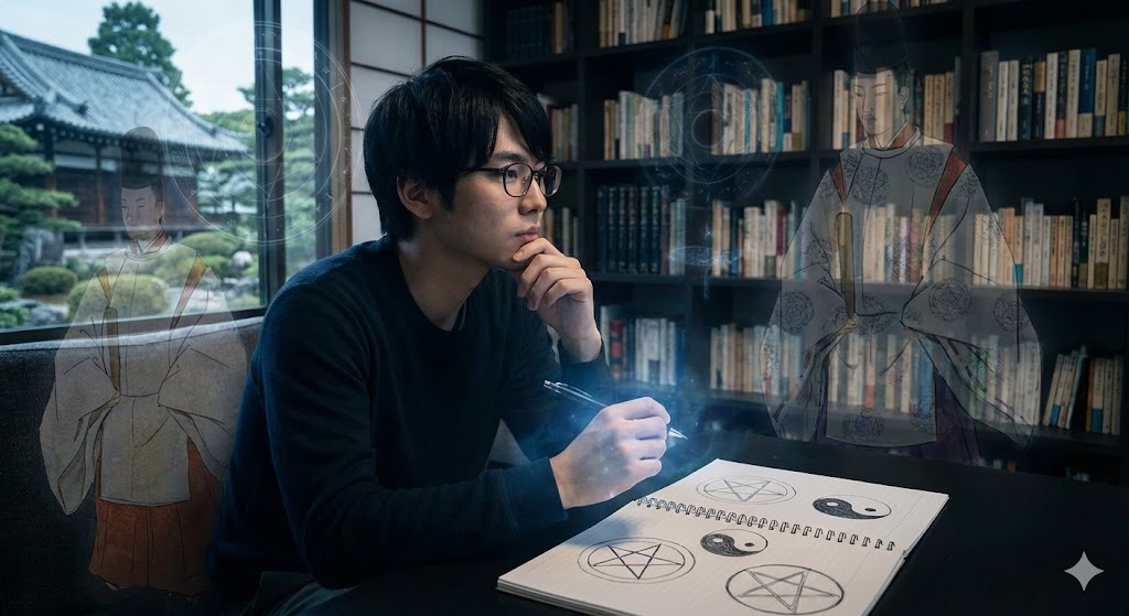 陰陽師の生まれ変わり診断。論理的思考と鋭い直感を併せ持つ性格の特徴や、現代社会で感じる孤独と二面性を表現したイメージイラストです。