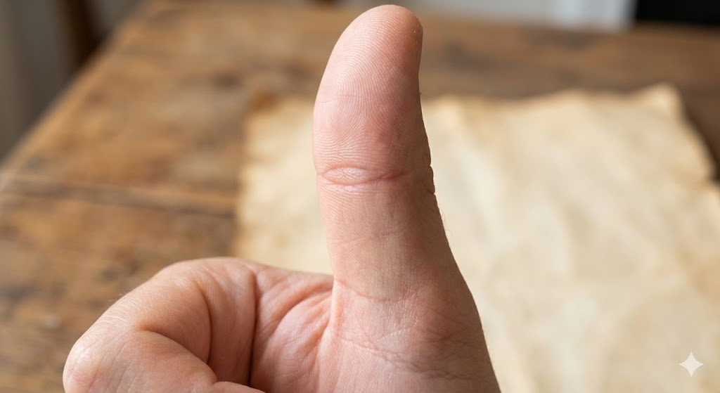 親指の第一関節に現れる仏眼相の手相イメージ。前世が陰陽師だった人に共通する、鋭い直感力や霊的な能力の強さを象徴する目の形をした手相の特徴。